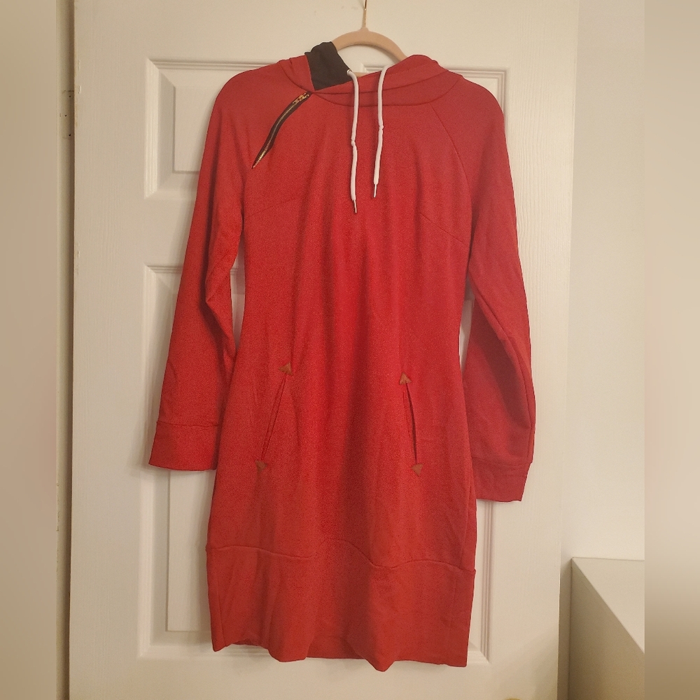 Red Hooded Sweatshirt Dress with Pockets